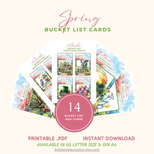Op de afbeelding: Printbare lente-emmerlijst-ideekaarten met aquarel-illustraties. De kaarten tonen een verscheidenheid aan lentethema's, zoals tuinieren, Pasen en voorjaarsschoonmaak. Er zijn in totaal 14 kaarten, die beschikbaar zijn in de formaten US Letter en DIN A4.