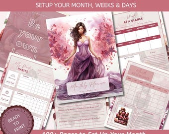 2026 Monthly Planner: Undated Productivity Bullet Journal Pink Watercolor Style Digital Workbook