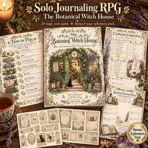 Puede incluir: Un juego de rol en solitario titulado The Botanical Witch House, que incluye un juego base de 28 páginas y un paquete de efímera de 8 páginas. El set contiene páginas de instrucciones, un generador de clientes, una ficha de grimorio y etiquetas.