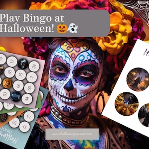 May include: A colorful image promoting Halloween Bingo. The image features a person with Day of the Dead makeup, surrounded by Bingo cards with Halloween-themed images and numbers. Text reads "Play Bingo at Halloween!" with a pumpkin and ghost icon.