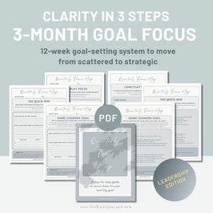 May include: A collection of printable goal-setting worksheets titled "Quarterly Focus Map." The worksheets are designed to help users move from scattered to strategic thinking over a 12-week period. The image includes the text "Clarity in 3 Steps" and "3-Month Goal Focus."