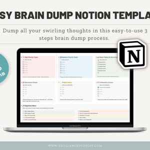 Può includere: Un MacBook Pro argentato mostra un modello Notion per un processo di brain dump. Lo schermo mostra un layout strutturato con sezioni per attività e idee. Il testo recita "Easy Brain Dump Notion Template". Un cerchio turchese dice "Perfect for ADHD brains".