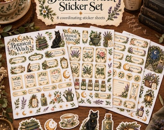 Botanical Witch Stickers, 8 Whimsical Printable Stickers Sheets, Witchcraft Journaling, Cute Watercolor Junk Journal  & Planner Solo RPG Kit