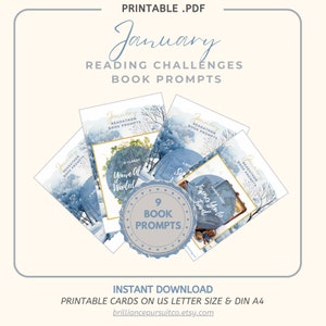 May include: Nine printable book prompt cards for a January reading challenge. The cards feature a wintery watercolor design with a blue and white color scheme. The text on the cards reads "January Readathon Book Prompts".