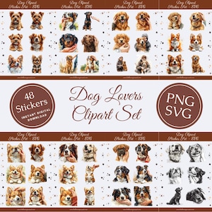 Op de afbeelding: Een set van 48 digitale stickers met aquarel illustraties van honden in verschillende rassen. De stickers zijn perfect om een vleugje whimsy toe te voegen aan je digitale projecten. De tekst "Dog Lovers Clipart Set" wordt weergegeven in een bruine cirkel.
