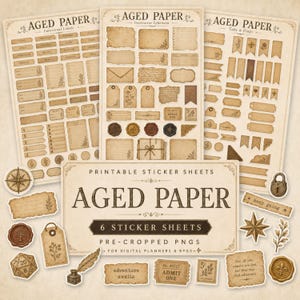 Aged Paper RPG Sticker Set, Vintage Digital Planner Stickers, Fantasy Junk Journal PNGs, Tabletop Quest Icons, Printable Ephemera, Roleplay