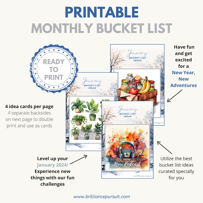 January winter Bucket List ideas and challenges, 14 cards, card game, new year resolution, family games, fun activities, pdf printable, instant download, digital download