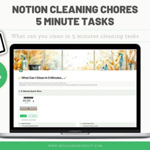 May include: A laptop screen displays a Notion cleaning guide with the text "NOTION CLEANING CHORES 5 MINUTE TASKS." A green circle with "Perfect for ADHD" is in the upper left. The screen shows a cleaning task timer.