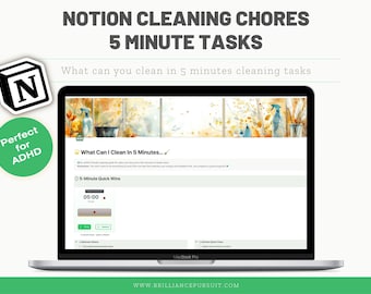 May include: A laptop screen displays a Notion cleaning guide with the text "NOTION CLEANING CHORES 5 MINUTE TASKS." A green circle with "Perfect for ADHD" is in the upper left. The screen shows a cleaning task timer.