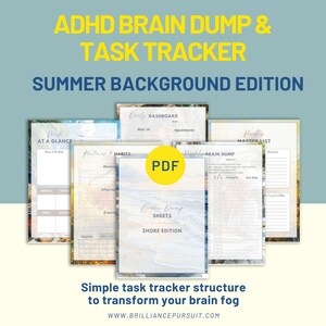 Può includere: Un insieme di fogli stampabili per il monitoraggio delle attività e lo scarico del cervello ADHD con un tema estivo. I fogli includono dashboard giornalieri, elenchi settimanali e tracker delle abitudini. Il testo dell'immagine dice "ADHD Brain Dump & Task Tracker Summer Background Edition."