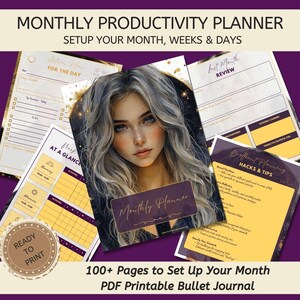 May include: A collection of printable PDF planner pages with a purple and gold color scheme. The pages include sections for daily, weekly, and monthly planning, with the text "Monthly Productivity Planner" and "Ready to Print". The image also features a portrait of a woman.