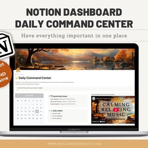 May include: A laptop screen displaying a Notion dashboard with the text "NOTION DASHBOARD DAILY COMMAND CENTER". The screen shows a calendar, upcoming events, and daily habits. A sticker says "Perfect for ADHD brains".