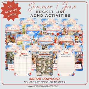 May include: A collection of 14 activity cards for June, featuring a summer bucket list with ADHD activities. The cards have floral and scenic illustrations, with text that reads "June Bucket List Ideas & Challenges". Includes a calendar and adventure map.