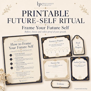 May include: A printable Future-Self Ritual set featuring a guide titled How to Frame Your Future Self, a Portrait in Progress card, a Proof in Progress tag, a Decision Slip, a Smallest Next Step card, and an Evidence label, all with gold accents.