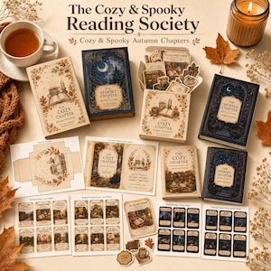 May include: A collection of The Cozy & Spooky Reading Society stationery, including books titled The Cozy Chapter and The Spooky Chapter, printed cards, stickers, and templates featuring autumn leaves, candles, and dark library illustrations.