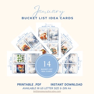 May include: Printable January bucket list idea cards. 14 cards with wintery illustrations. Available in US Letter and DIN A4 sizes.