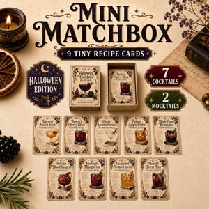 May include: A Mini Matchbox set containing 9 tiny recipe cards for Halloween cocktails and mocktails. The collection includes a box, a decorative label, and individual cards featuring illustrations and names like Raven's Cherry Elixir and Witch's Blood Sangria. The text reads Mini Matchbox, 9 Tiny Recipe Cards, Halloween Edition, 7 Cocktails, and 2 Mocktails.