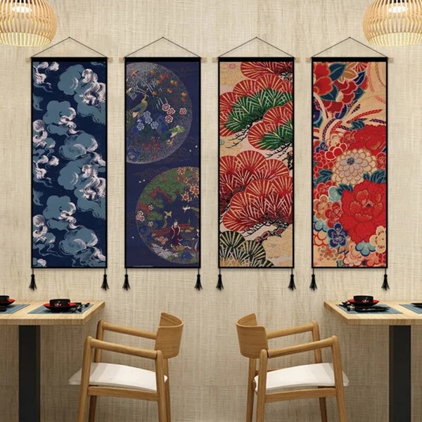 Chinesische Leinwand Hängende Poster Party Decor Banner Massivholz Wandkunst | Pfau Blumenfächer Wasser alte traditionelle Dynastie Kaiser asiatische