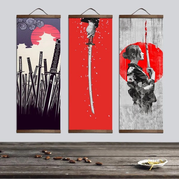 Japanese red and white Canvas Hanging Poster Party Decor Banner Solid Wood Wall Art | Katana Rising Sun Samurai Warrior Battlefield Asian