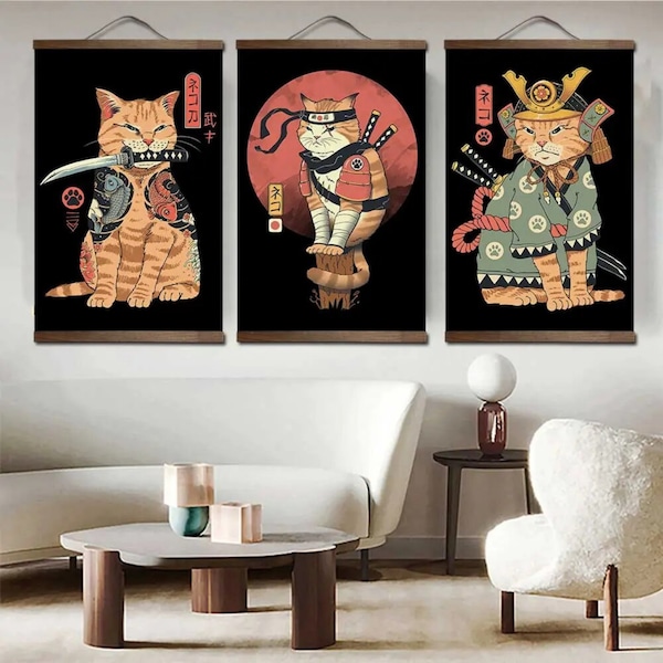 Japanese Animal Canvas Hanging Poster Decor Banner Art| animal cat fox bunny natural wood Picture decor Samurai Japanese Room Katana  Kanji