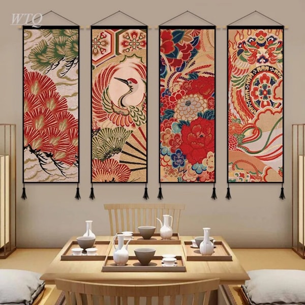 Chinese Red Canvas Hanging Poster Party Decor Banner Solid Wood Wall Art | Crane Flower Detailed Design Classic Traditional Ancient Style