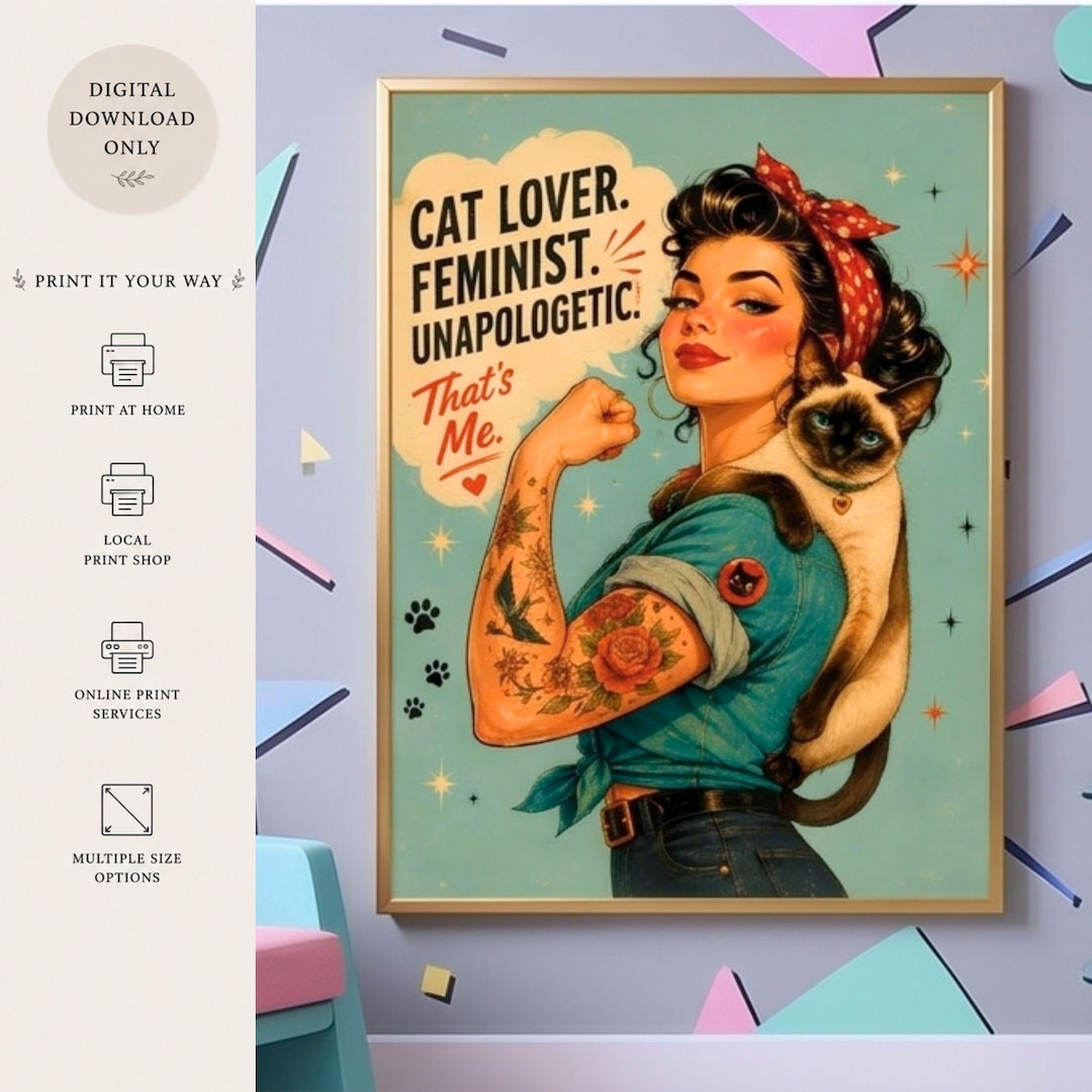 Retro Feminist Cat Lover Wall Art, Pin up Cat Mom Poster (digital ...