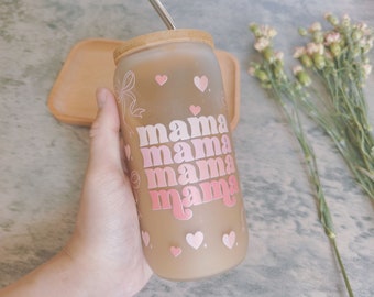MAMA Coffee Tumbler,16oz Iced Coffee Cup, Glass Tumbler，Pink Heart, funny gift, gifts for mom