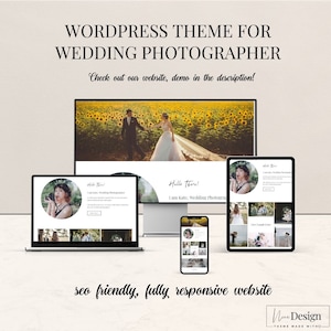 May include: A website mockup for a wedding photographer, showing a desktop computer, tablet, and smartphone displaying the website design. The website features a sunflower field background, a photo of a couple, and the text "Hello there! I am Kate, Wedding Photographer".