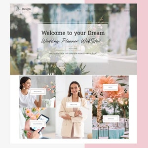 May include: A website design for a wedding planner, with the text "Welcome to your Dream Wedding Planner WebSite!" and "Let's Chat." The design includes images of floral arrangements, a woman, and wedding reception decor.