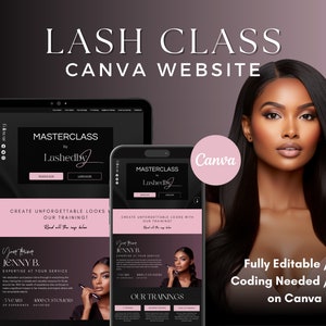Peut inclure: Une maquette de site Web sur une tablette et un smartphone montrant un modèle de site Web de cours de cils. Le site Web est conçu dans Canva et présente un logo noir et blanc avec le texte "Masterclass by LashedbyJ". Le site Web présente également une photo d'une femme aux longs cheveux noirs sur un fond rose. Le texte "Entièrement modifiable / Pas de codage nécessaire / Héberger sur Canva" est affiché sous la maquette.