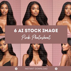 Peut inclure: Six images de stock générées par l'IA d'une femme aux longs cheveux noirs posant sur un fond rose. La femme porte des tenues différentes sur chaque image.