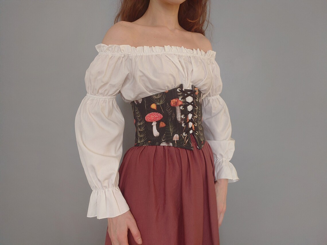 Set of mushroom corset with lace trim and maxi skirt