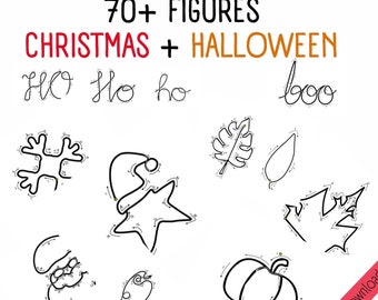May include: Black and white line art images of Christmas and Halloween themed objects. The images are labeled with numbers and can be used for a connect-the-dots activity. The text "70+ FIGURES CHRISTMAS + HALLOWEEN" is at the top of the image. The text "ho ho ho" is written in cursive below the title. The text "boo" is written in cursive below the title. The text "digital download" is written diagonally in the bottom right corner of the image.