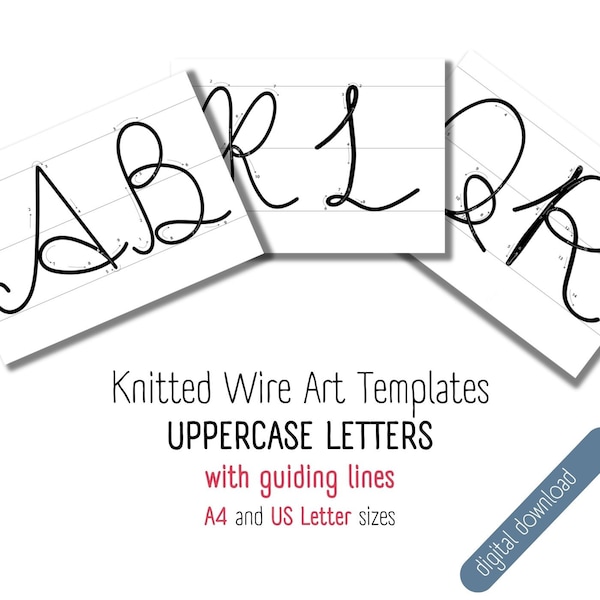 Uppercase letters knitted wire art template with guiding arrows,  printable wire art alphabet pattern, wire pattern print, tricotin template