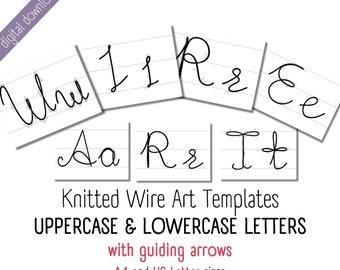 Modèles imprimables d'alphabet en fil de fer pour l'art en fil de fer tricoté, lettres majuscules et minuscules avec lignes directrices, tricotin, motif i cordon