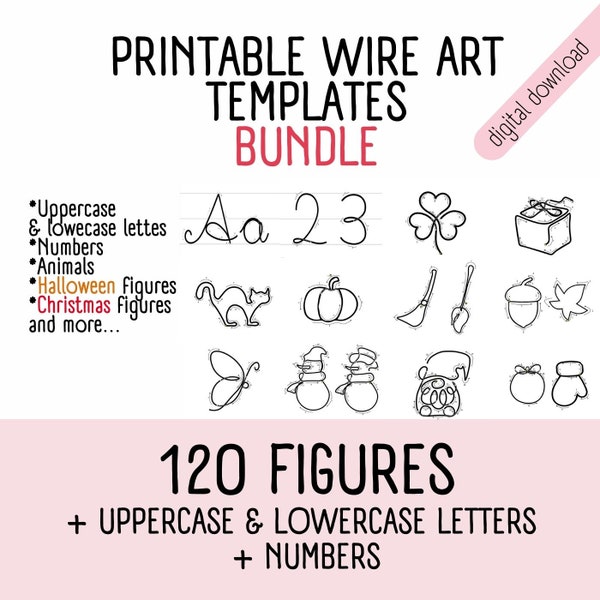 Ein Set mit 120 Figuren und Buchstaben und Zahlen für Strickdrahtkunst, Strickdraht, Drahtbiegemuster, Wire Art Alphabet, Drahtbiegemuster