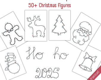 Op de afbeelding: Een set van 50+ printbare kerst draadkunst sjablonen. De sjablonen omvatten een gingerbread man, rendier, kerstboom, kerstman, sneeuwpop, bel en de woorden "Ho Ho 2023".