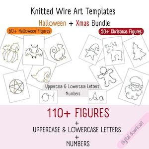 110+ christmas and halloween figures for knitted wire art, icord patterns, tricotin templates, uppercase and lowercase letters and numbers