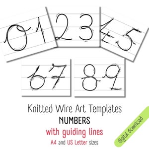 printable number pattern for knitted wire art, 0-9 cursive font numbers template, tricotin pattern print