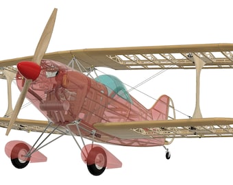 May include: A detailed model airplane with a biplane design. The model features a red nose, a wooden propeller, and a transparent red fuselage revealing the internal structure. The wings are made of light-colored wood, and the wheels are red.