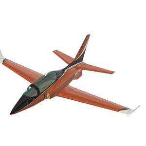 May include: A red and black single-engine jet aircraft with a clear cockpit canopy. The aircraft is in flight and the wings are extended.