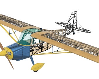 May include: A wooden airplane model with a blue and yellow fuselage and a clear canopy. The model is partially assembled, showing the internal structure of the wings and tail.