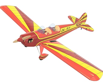 Könnte beinhalten: Ein rot-gelbes Flugzeug mit Propeller und dem Text "OK-FLY" an der Seite. Die Flügel und das Heck haben ein gestreiftes Design. Das Flugzeug hat ein Cockpit für zwei Personen.