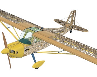 May include: A wooden model airplane with a yellow and brown paint scheme. The model is detailed with a visible internal structure and a propeller.