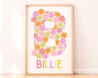 Nom de bébé personnalisé monogramme initial imprimable décoration florale rétro pour chambre de bébé nom de l'enfant personnalisé art mural Unique baby shower cadeau de shower de bébé