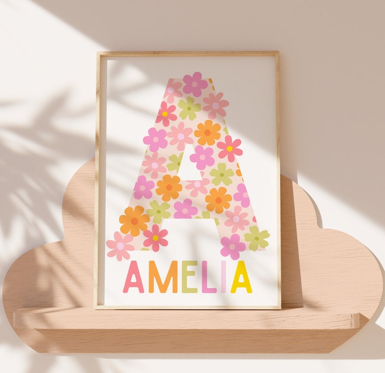 CUSTOM Baby Name Monogram Initial Printable Retro Floral Nursery Decor