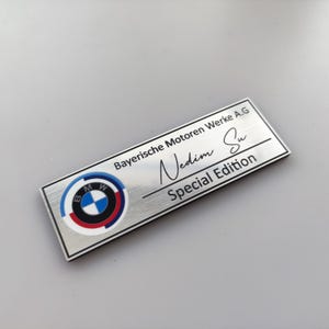 BMW 50.year logo M logo Customizable signed Aluminum look plastic sticker with your name and your BMW car High quality self adhesive.