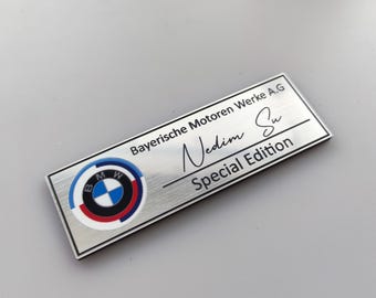 BMW 50.year logo M logo Customizable signed Aluminum look plastic sticker with your name and your BMW car High quality self adhesive.