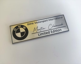 Customizable signed Aluminum look plastic sticker with your name and your BMW car High quality self adhesive. limited Edition BMW individual