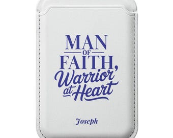 Man of Faith iPhone Wallet Christian Magnetic Card Holder for Men MagSafe ID Wallet Personalized with Bible Verse Custom Name Gift for Him